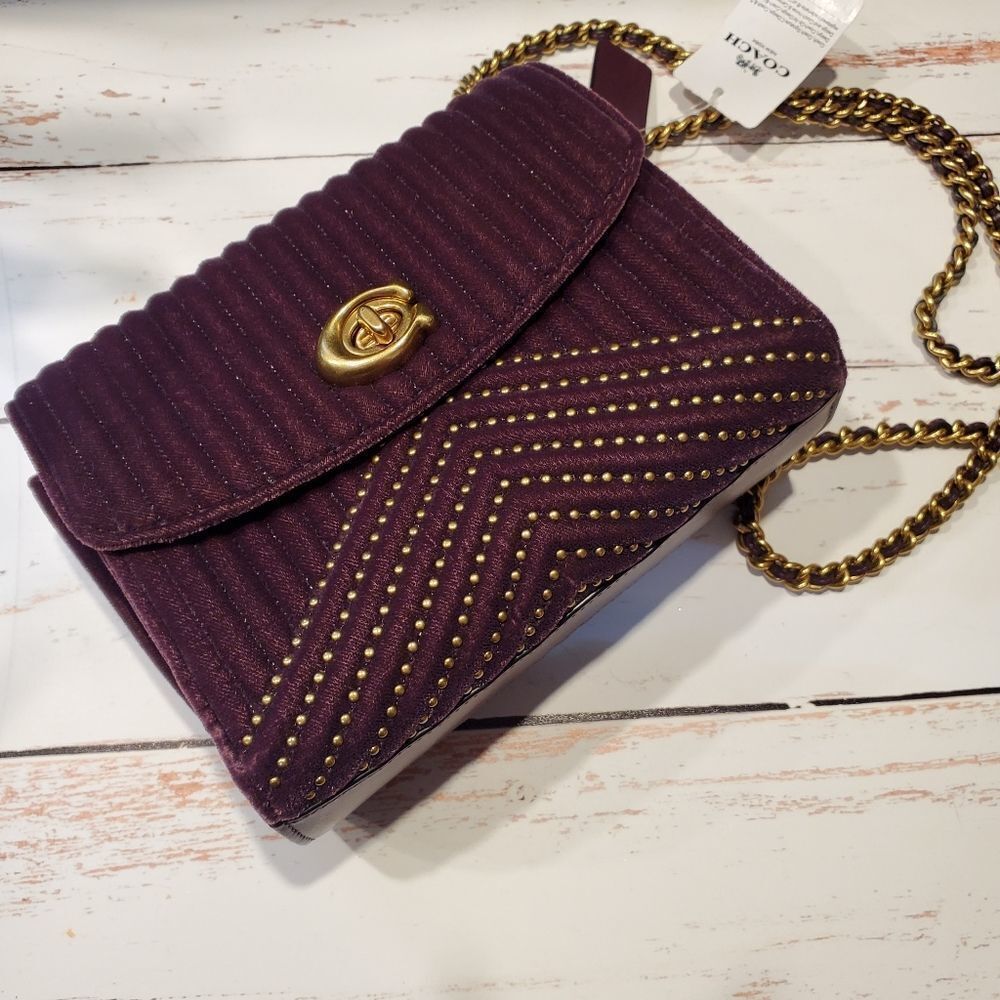 COACH RETAIL Velvet Deep Purple Quilted Studded Turnlock Bag - Picture 8 of 16